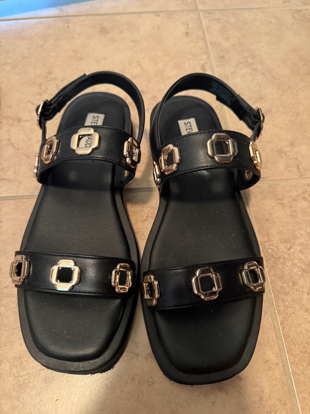 Steve Madden Black Leather Slingback Sandals with Gold Buckle Accents